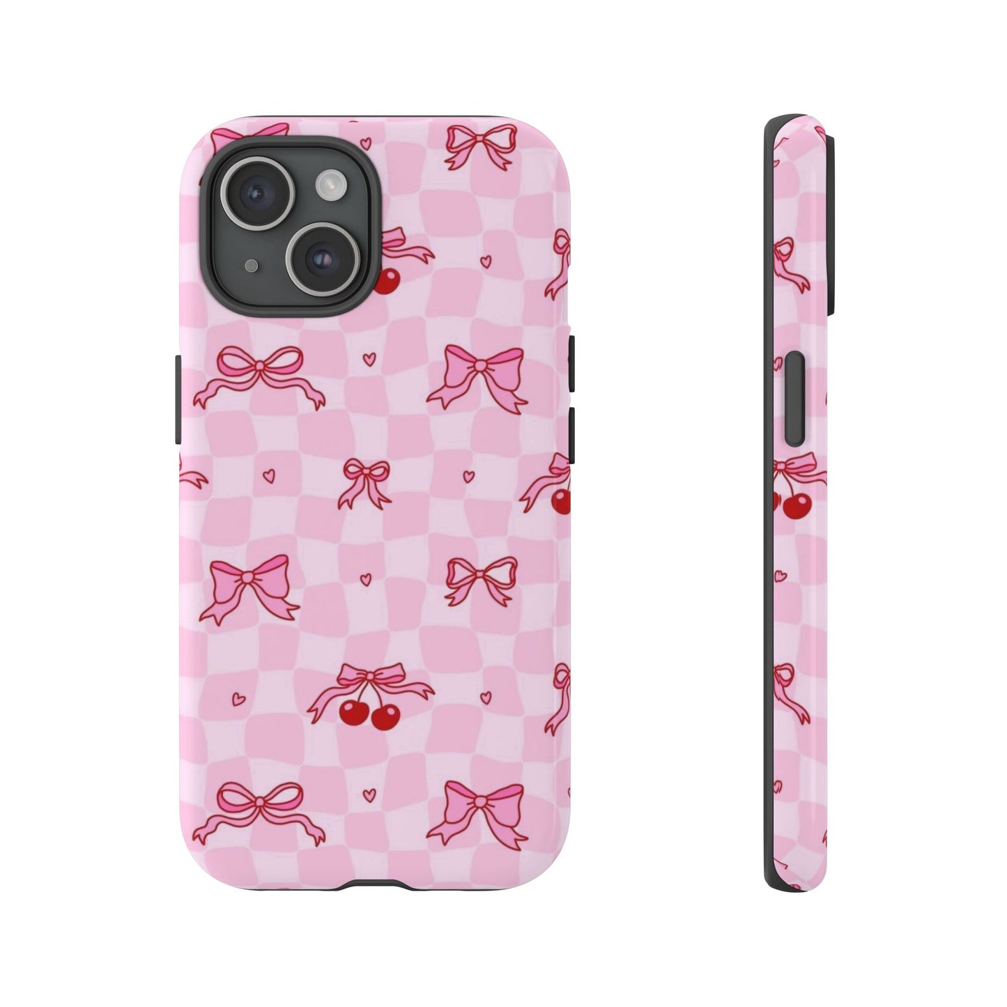 Pink Cherry Bow Phone Case — Cute Checkerboard iPhone Protection