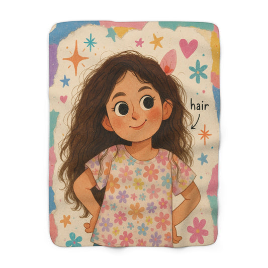 Cute Kids Sherpa Blanket — Girl with Curly Hair Floral Design