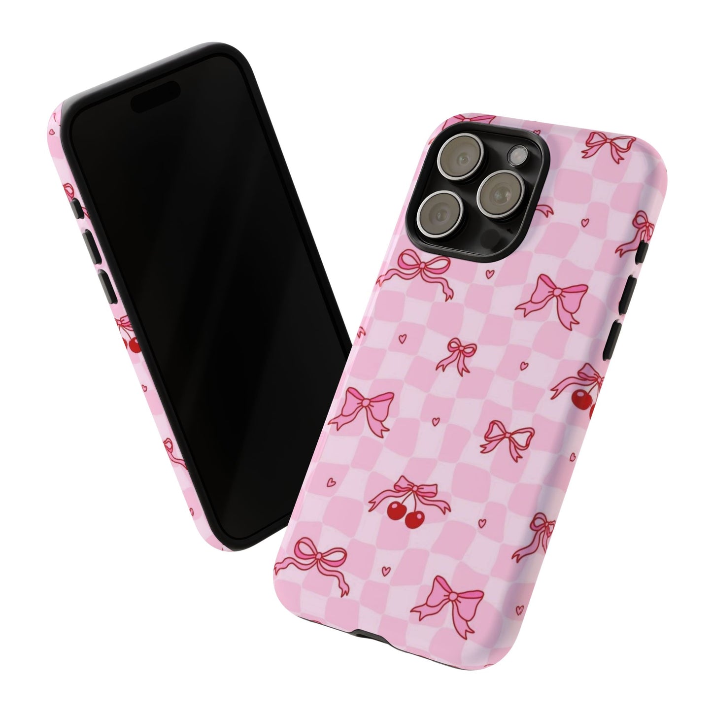 Pink Cherry Bow Phone Case — Cute Checkerboard iPhone Protection