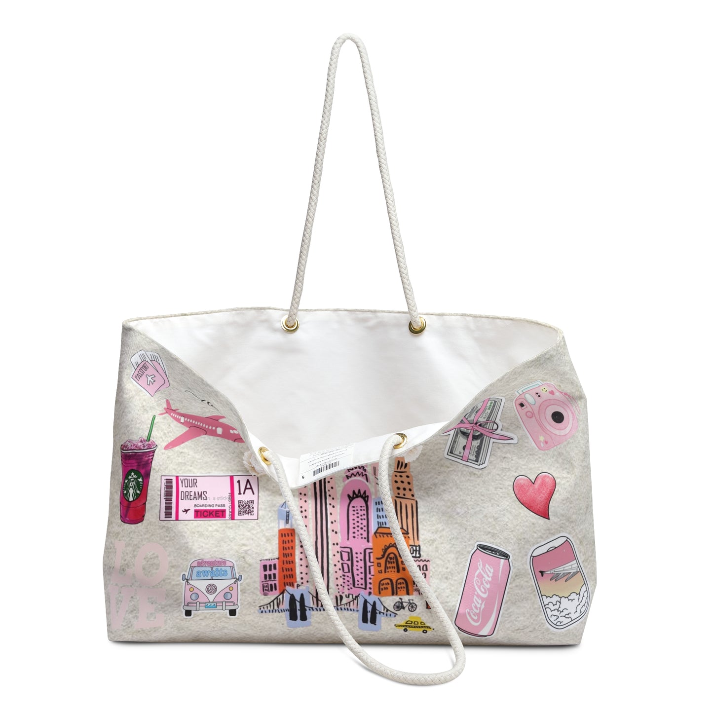 New York City Travel Weekender Bag — Cute Pink Cityscape & Travel Icons