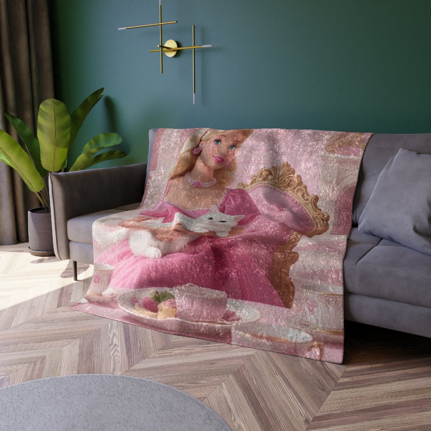 Crushed Velvet Blanket — Vintage Barbie Glam Throw with White Cat (Pink Princess Aesthetic)