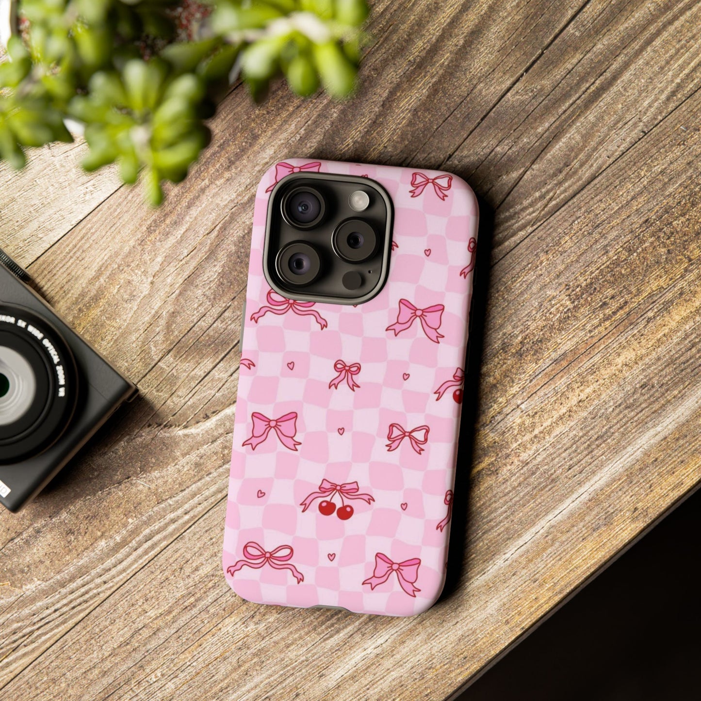 Pink Cherry Bow Phone Case — Cute Checkerboard iPhone Protection