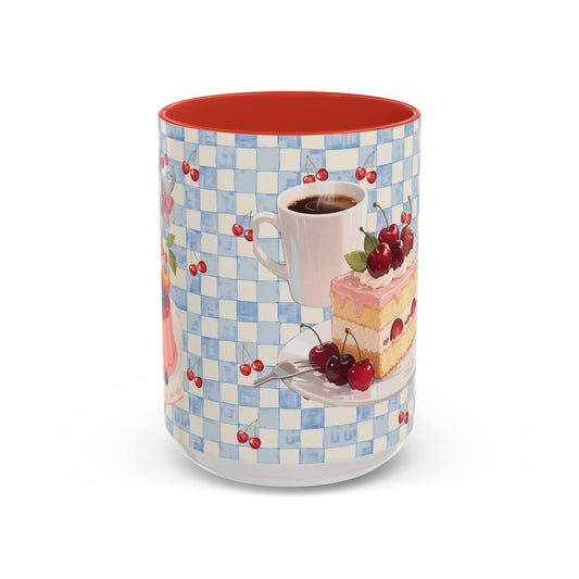 Cherry Cake Accent Coffee Mug — Vintage Checkered Dessert Design (11/15 oz)
