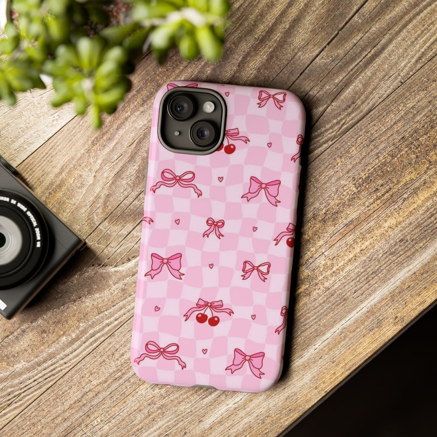 Pink Cherry Bow Phone Case — Cute Checkerboard iPhone Protection