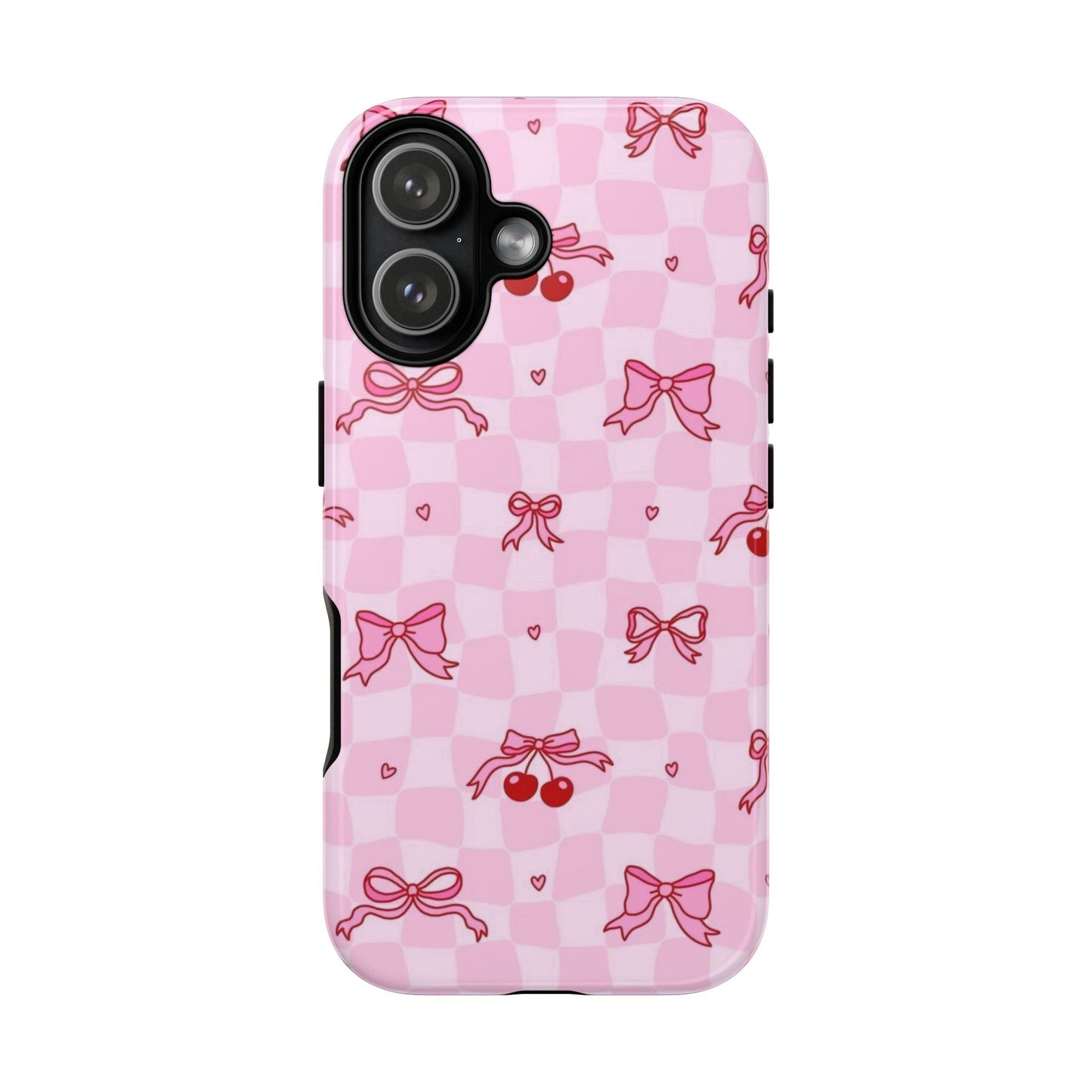 Pink Cherry Bow Phone Case — Cute Checkerboard iPhone Protection