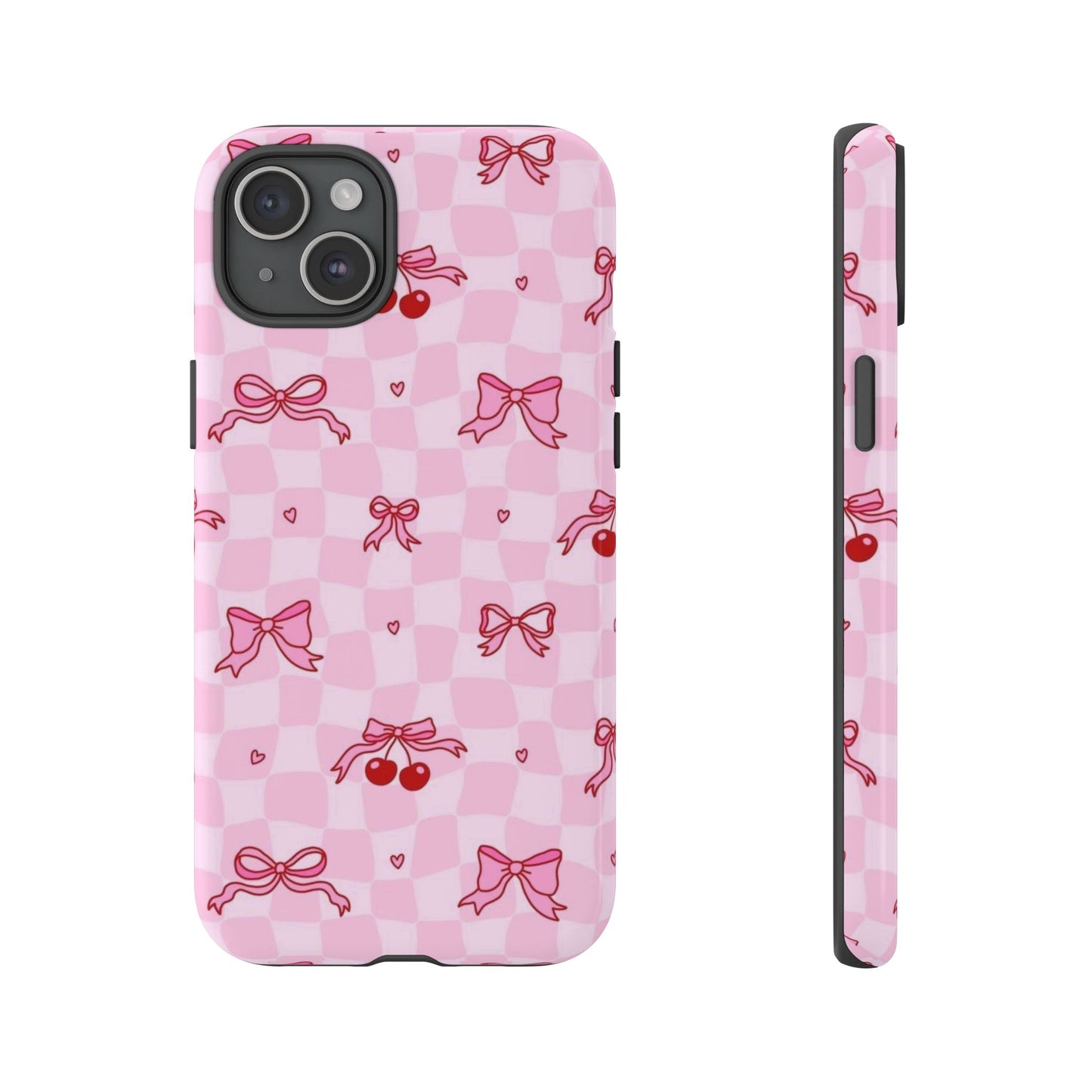 Pink Cherry Bow Phone Case — Cute Checkerboard iPhone Protection