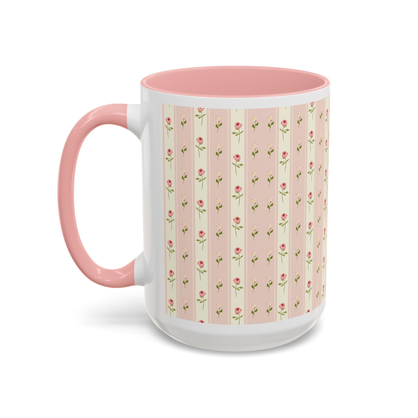 Pink Rose Stripe Accent Coffee Mug – Floral Vintage Tea Cup (11/15oz)
