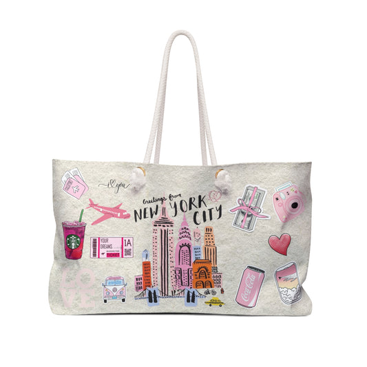New York City Travel Weekender Bag — Cute Pink Cityscape & Travel Icons