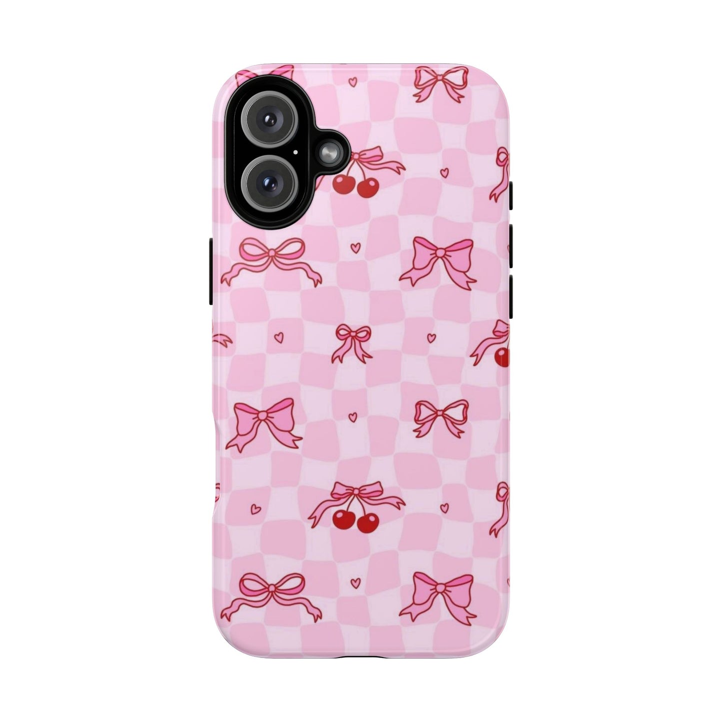 Pink Cherry Bow Phone Case — Cute Checkerboard iPhone Protection