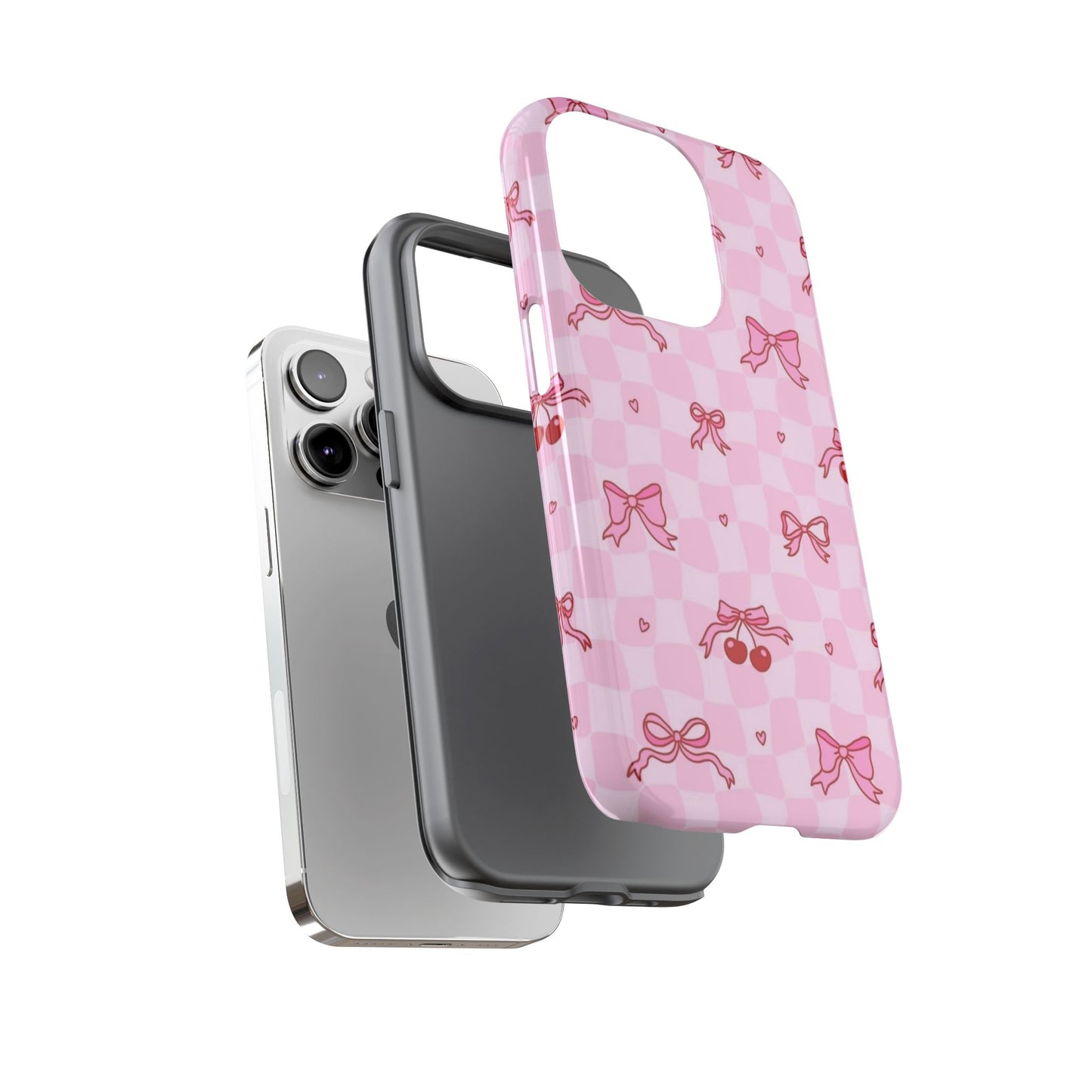 Pink Cherry Bow Phone Case — Cute Checkerboard iPhone Protection