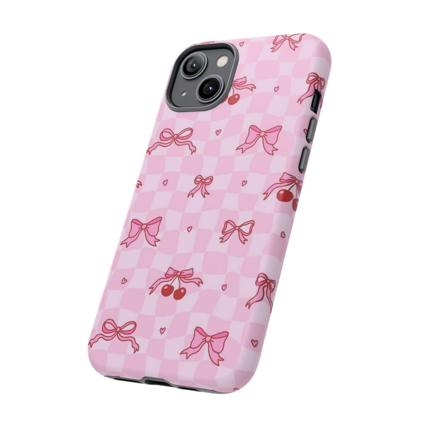 Pink Cherry Bow Phone Case — Cute Checkerboard iPhone Protection