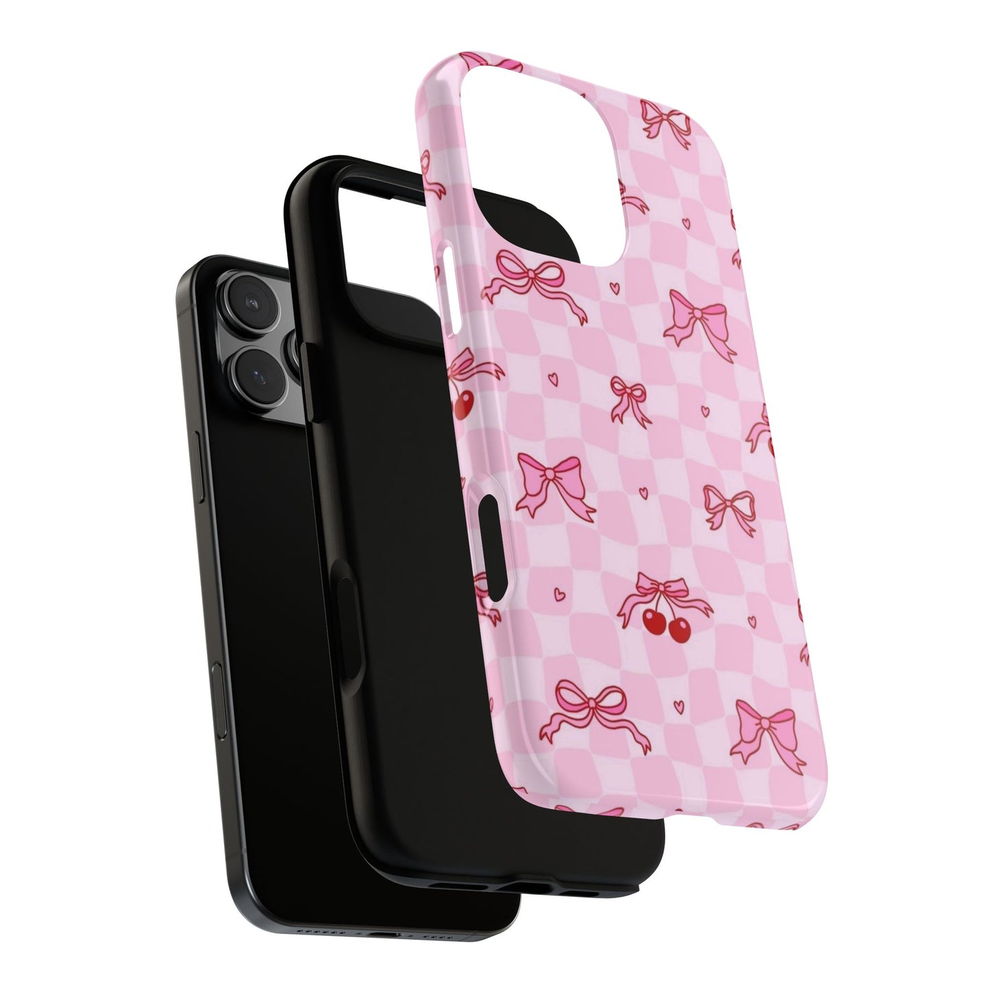 Pink Cherry Bow Phone Case — Cute Checkerboard iPhone Protection