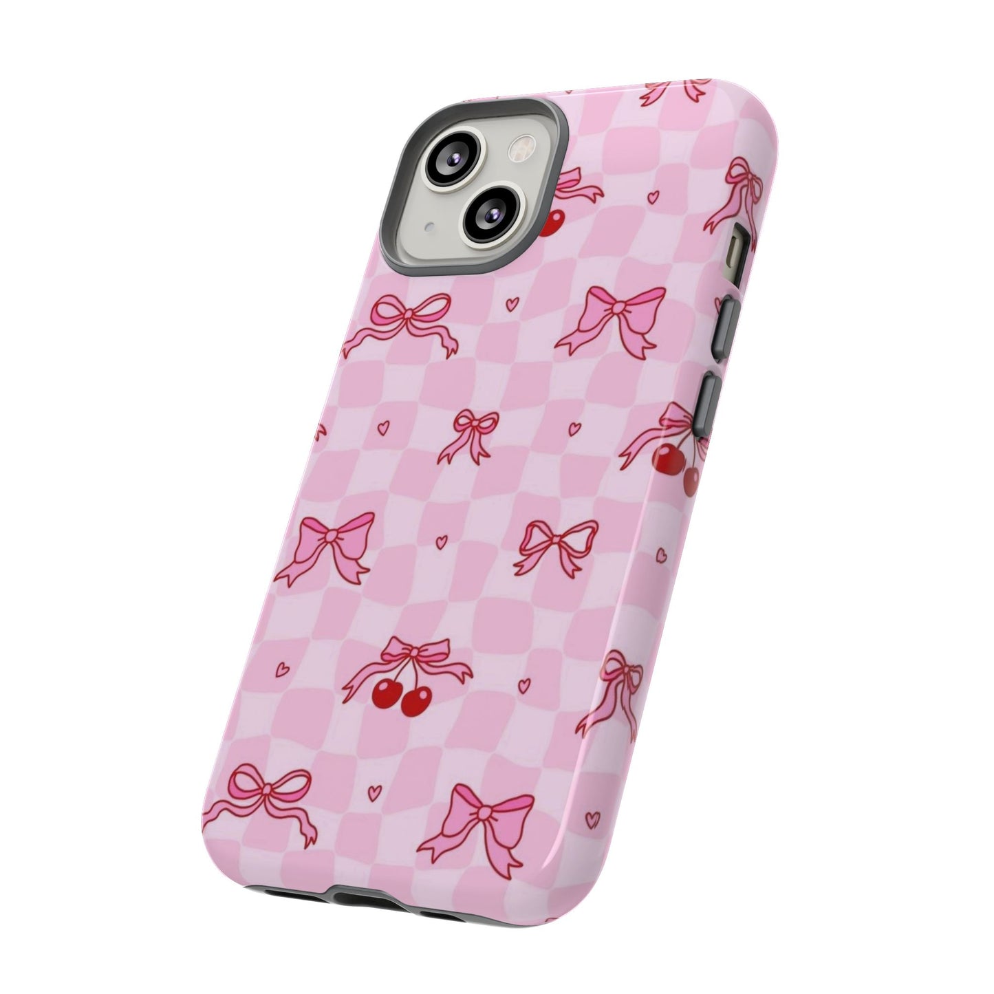 Pink Cherry Bow Phone Case — Cute Checkerboard iPhone Protection