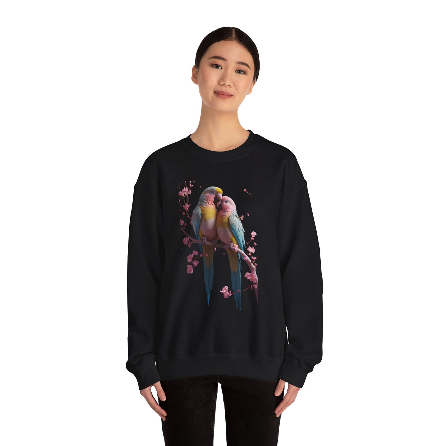 Lovebirds Graphic Sweatshirt — Colorful Parrot Crewneck for Bird Lovers