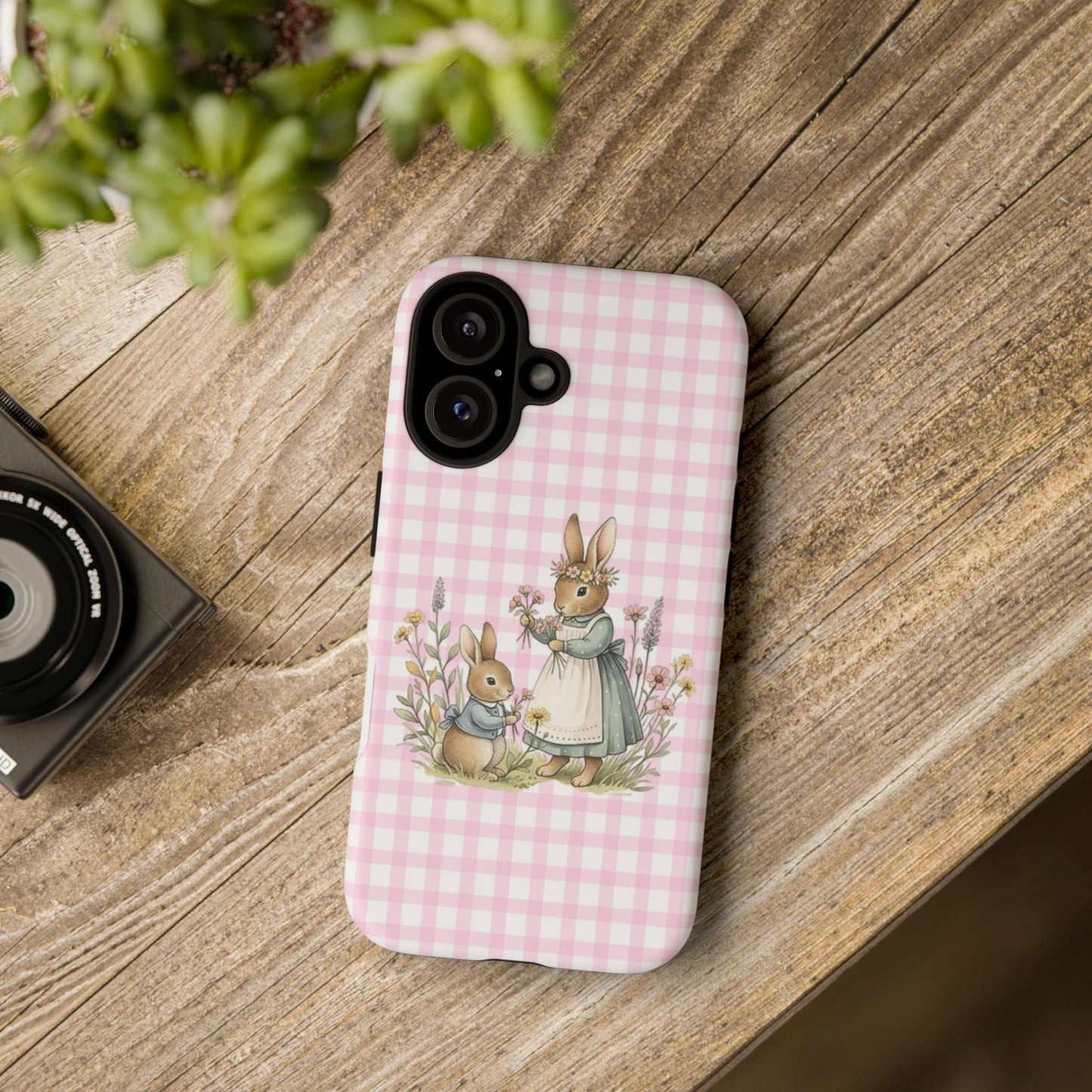 Cute Vintage Bunny Phone Case – Pink Gingham Easter Phone Cover