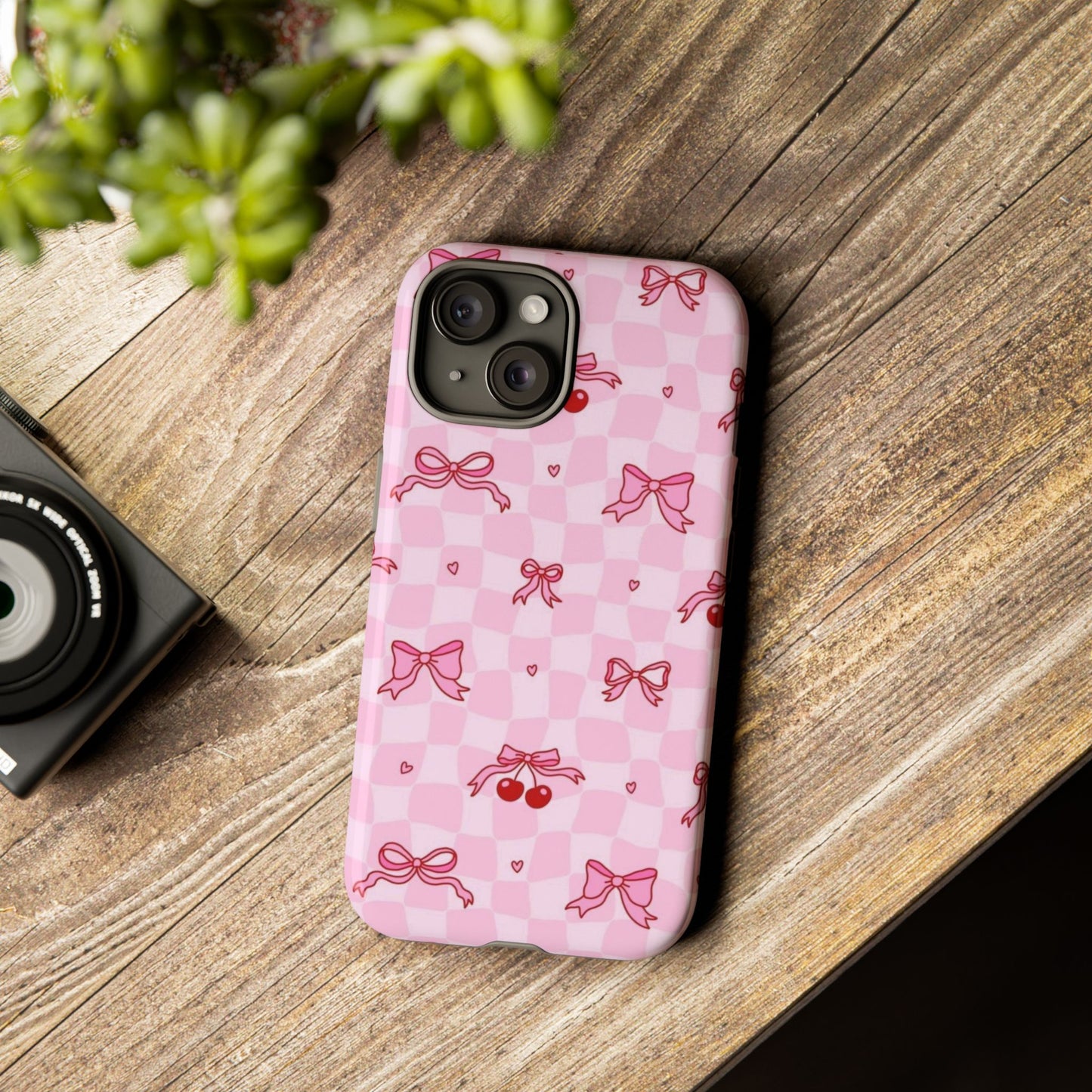 Pink Cherry Bow Phone Case — Cute Checkerboard iPhone Protection