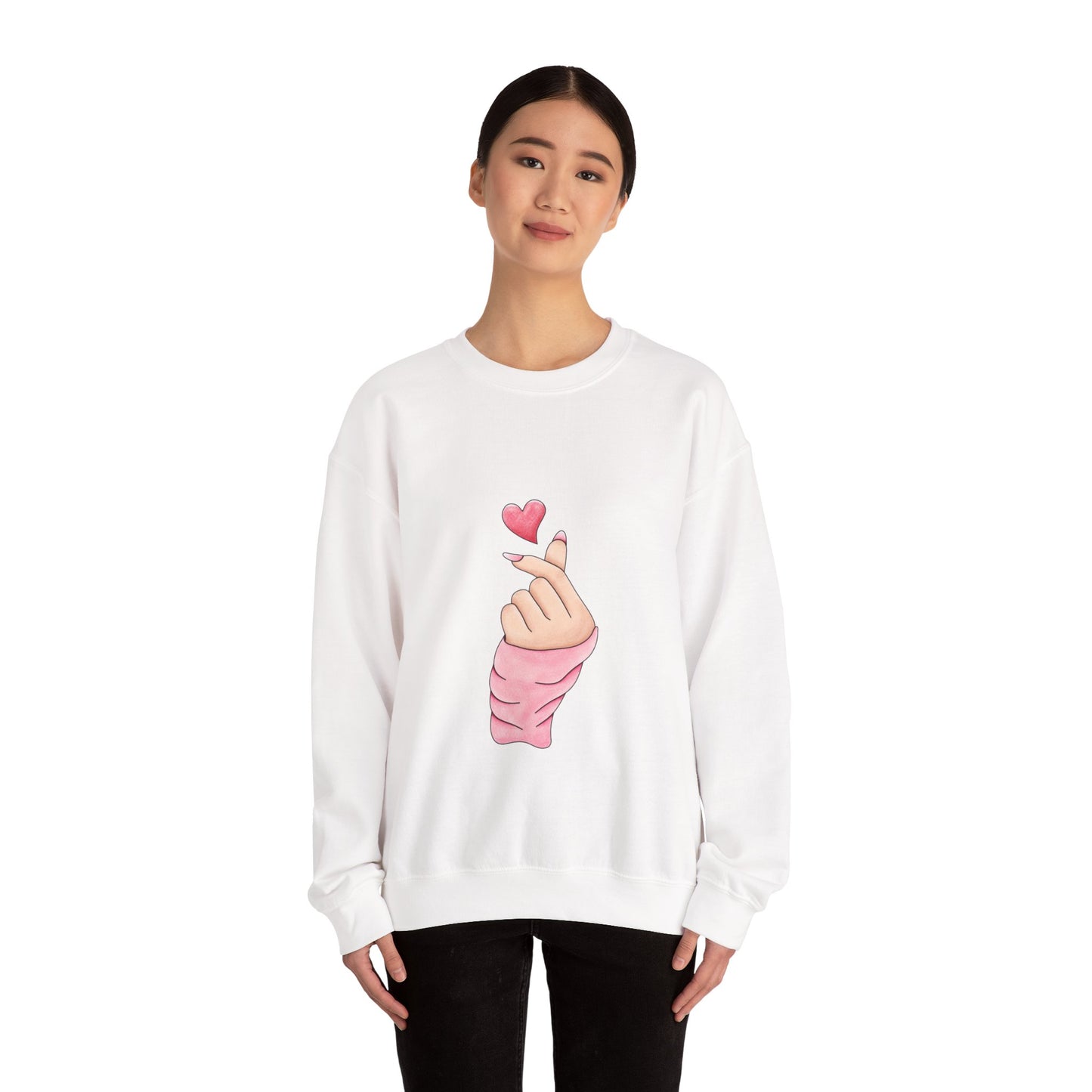 Crewneck Sweatshirt — K-Pop Finger Heart Design (Front Heart Hand, Back 'You' Location Map)